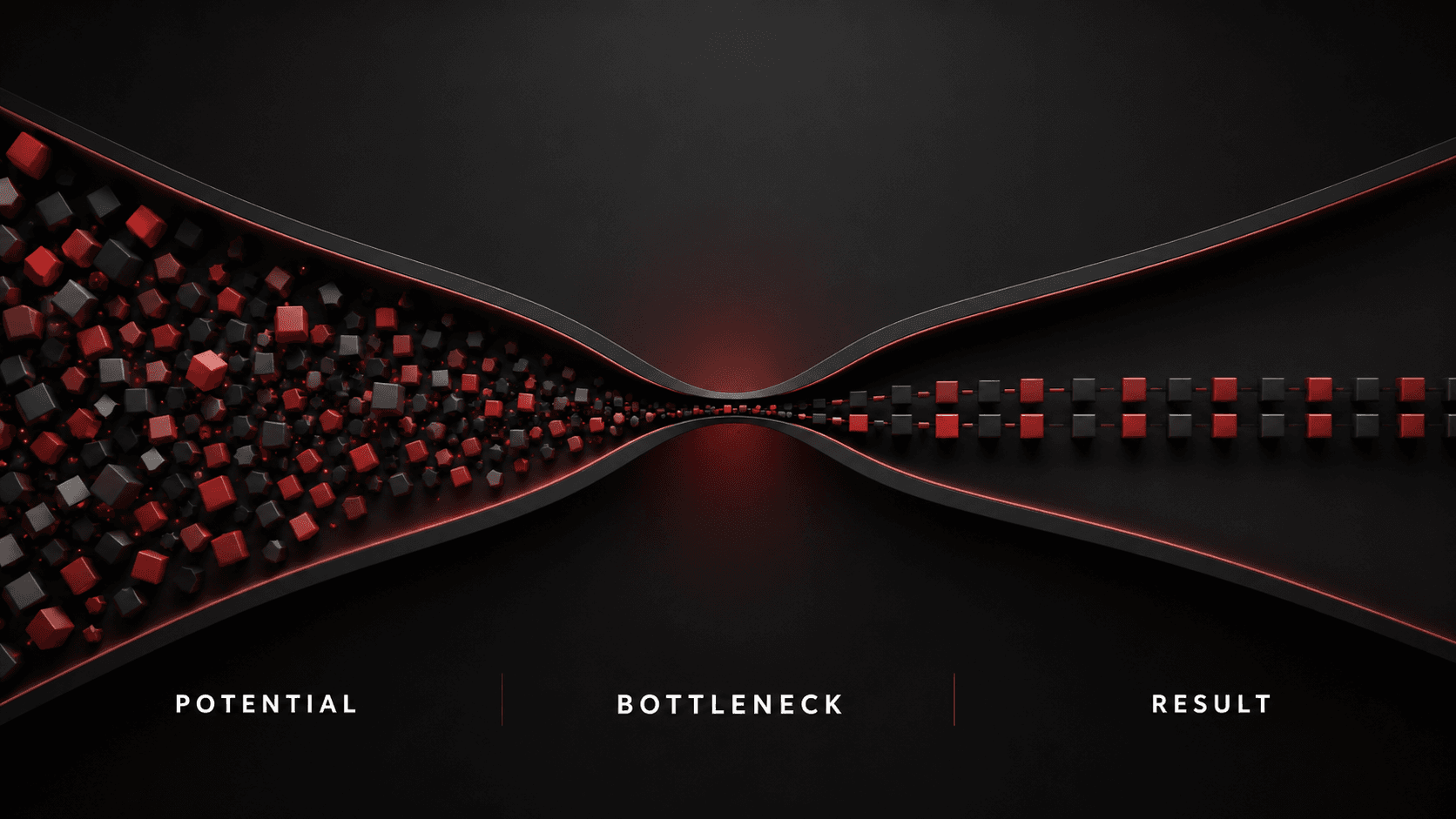 Scattered red and black blocks narrowing through a bottleneck before becoming an ordered sequence
