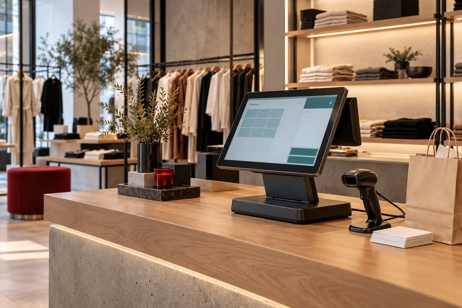 Illustrative fashion-store checkout with a touchscreen POS terminal and barcode scanner